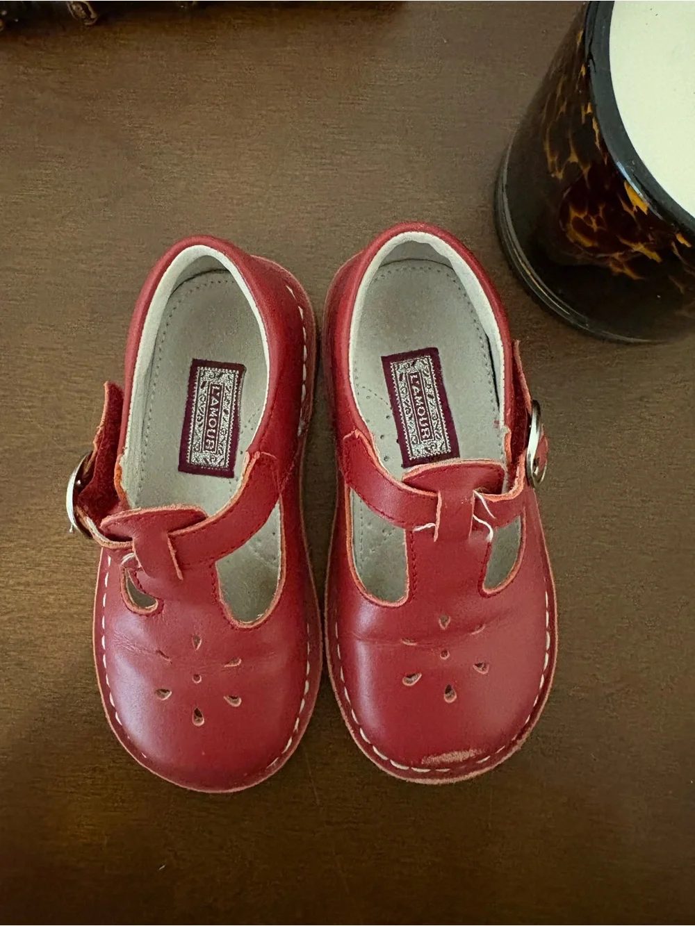 L'Amour Red T‑Strap Kids Dress Shoes with Buckle
